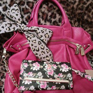 Pink Leather Handbag with Floral Wallet